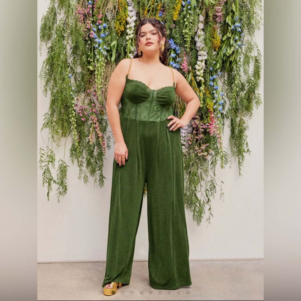Plus solid lace corset chain cross wide leg jumpsuit